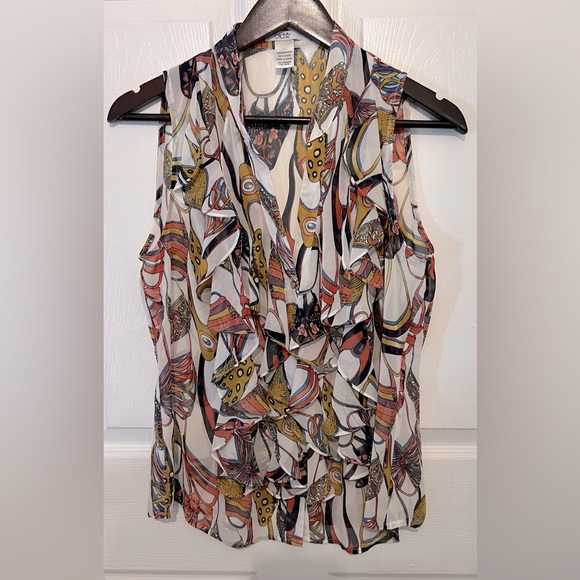 CACHE Women's Shoe Print Ruffle Front Sleeveless Blouse Size L - Picture 1 of 3
